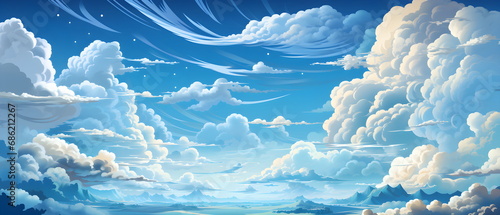 21:9 aspect ratio illustration of fluffy white clouds in a blue sky. and see the ground below It helps create emotional feelings such as peace, memories, happiness, energy, and even romance. photo