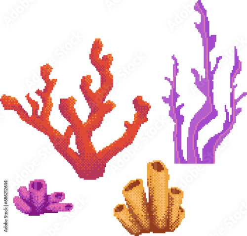 Pixel coral and seaweed set for 8-bit retro style video game or mobile app.