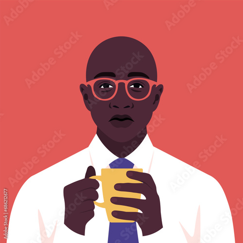 A sad and tired African man is holding a cup of coffee in his hands. An overworked manager. Vector flat illustration
