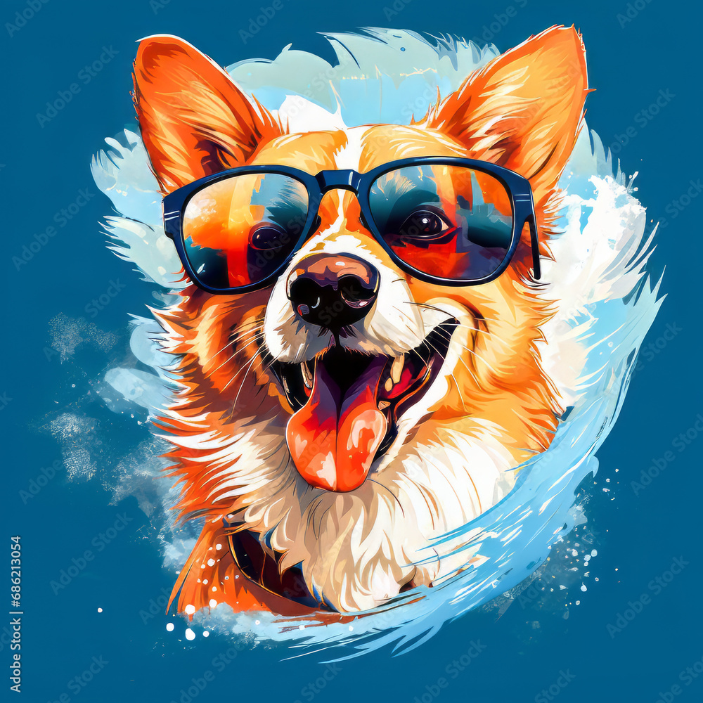 Corgi Illustration.  Generated Image.  A digital illustration of a happy looking Corgi dog wearing sunglasses.