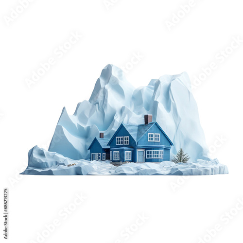 A toy house on a glacier with a blue roo isolated on transparent background photo