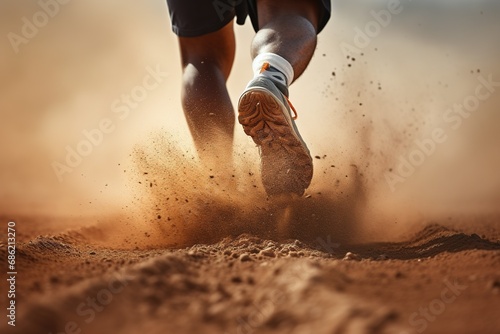 Rear view closeup sport shoe of racer in running on trail with dust. Banner sneaker fitness for track
