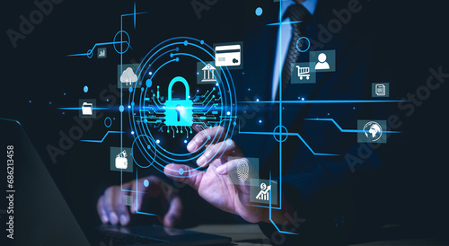 Cybersecurity and privacy concepts to protect data. Lock icon and internet network security technology. Businessman protecting personal data on internet, virtual screen interfaces. cyber security.
