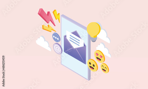 3d minimal Social media creative idea. Concept Online social network. Business communication applications. Marketing time. Mobile phone with volumetric icons.on pastel background