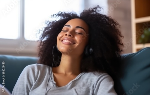 Joyful Serenity: Happy African American Woman Relaxing at Home photo