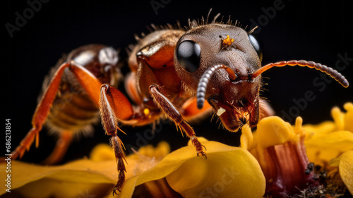 Macro photo of an ant sitting on flowers. Extreme macro close-up of an insect. Very detailed. Wold nature. 