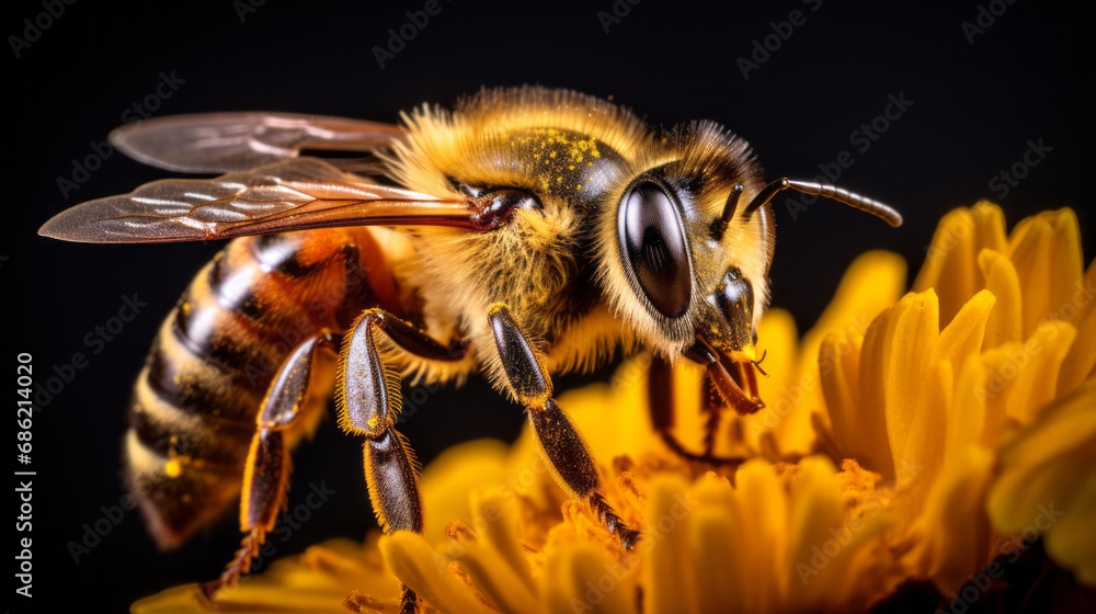 Macro photo of an bee sitting on flowers. Extreme macro close-up of an insect. Very detailed. Wold nature. Macro photo of an bee sitting on flowers. Extreme macro close-up of an insect. Very detailed. Wold nature.