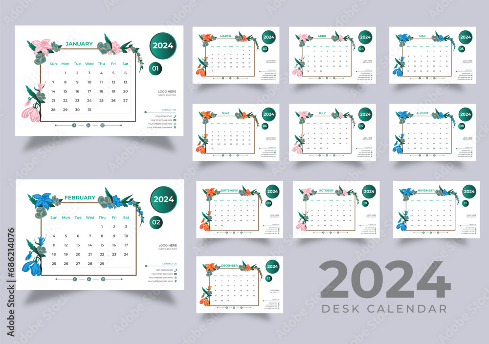 Desk Calendar Design Set of 12 months 2024 pages. The week starts on Monday.
Desk Calendar Design Set of 12 months 2024 pages. The week starts on Monday.