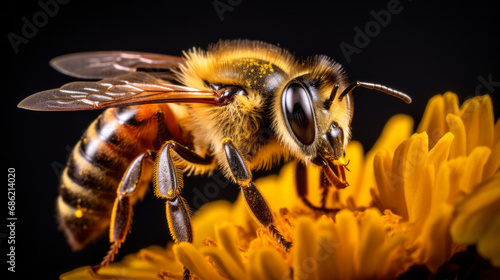 Macro photo of an bee sitting on flowers. Extreme macro close-up of an insect. Very detailed. Wold nature.