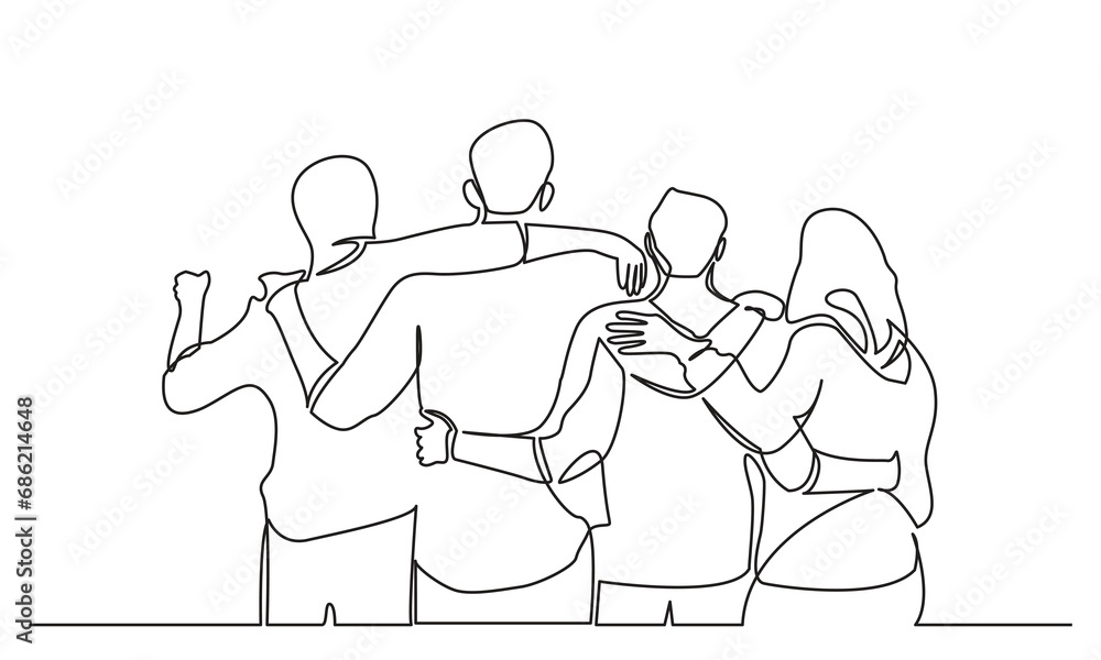 continuous line drawing a group of men and women hugging together to show their Friendship. the concept of friendship, emotional support, and happiness.
continuous line drawing a group of men and women hugging together to show their Friendship. the concept of friendship, emotional support, and happiness.