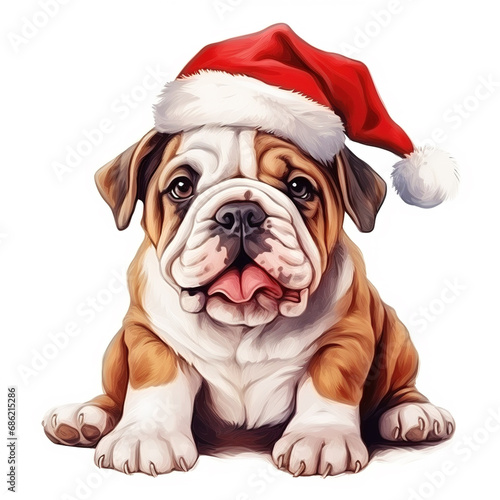 Illustrated smiley  bulldog puppy dog wearing santa hat in style suitable for children, christmas theme isolated on white background. © Tepsarit