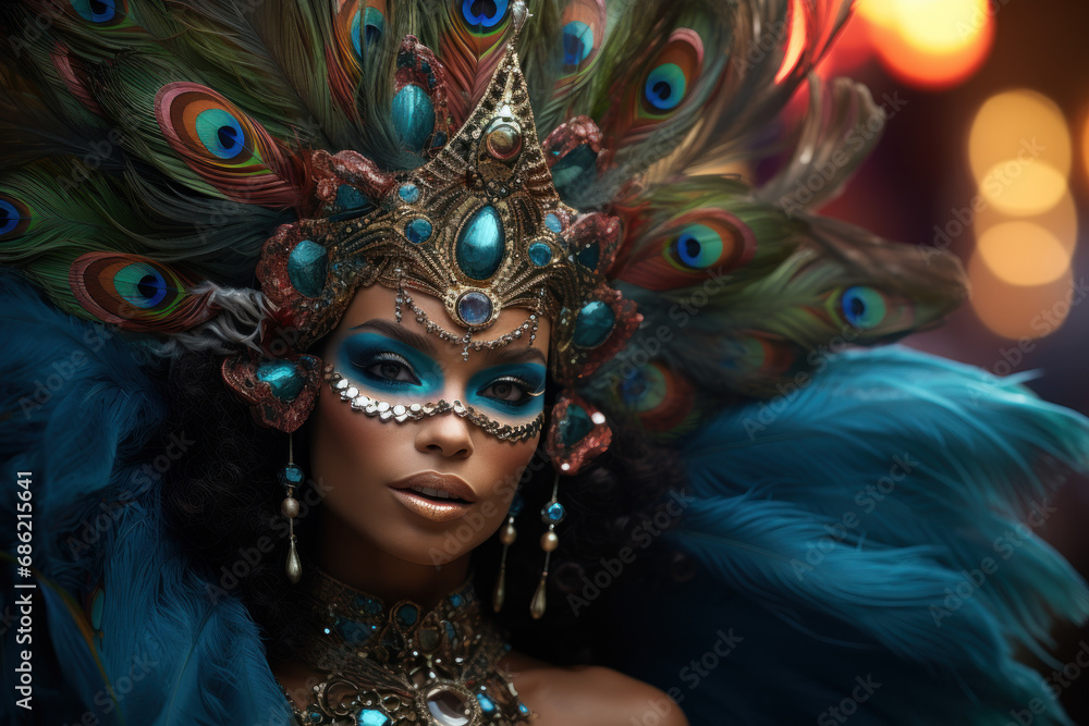 A Carnival performer in a stunning peacock-inspired costume, mesmerizing onlookers with graceful movements. Generative Ai.