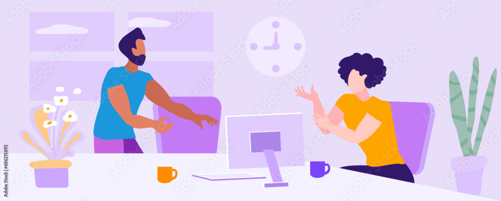 Family in the home office. Guys talk emotionally. Window with indoor plants. Vector illustration Family in the home office. Guys talk emotionally. Window with indoor plants. Vector illustration