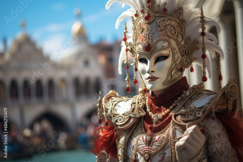 The stunning architecture of Venice serving as a backdrop to a lively Carnival procession, combining history with festivity. Generative Ai. © Sebastian