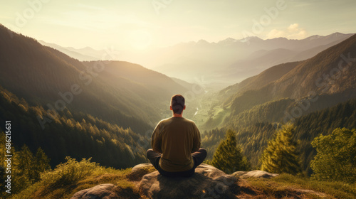 Meditation, landscape and man sitting on mountain top for mindfulness and relax spirituality. Peaceful, stress free and focus in nature with view, for mental health, zen and meditating lotus practise