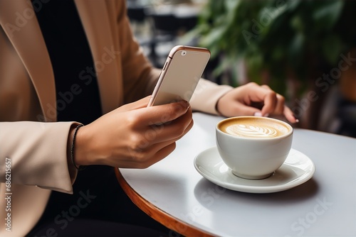 businesswoman use smartphone to contact with clients during drink coffee at the table
