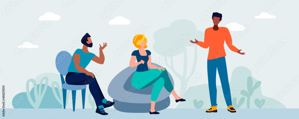 A woman and men are talking against a background of trees and bushes. Discussion.. Dialogues in the park. Environment conservation concept. Vector illustration A woman and men are talking against a background of trees and bushes. Discussion.. Dialogues in the park. Environment conservation concept. Vector illustration