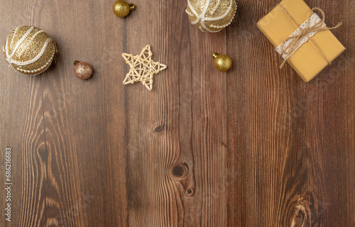 Christmas wood background with decoration, gifts and balls