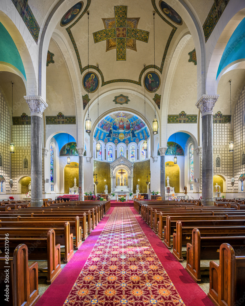 Interior nave and sanctuary of the historic St Benedict Catholic Church in downtown Terre Haute, Indiana