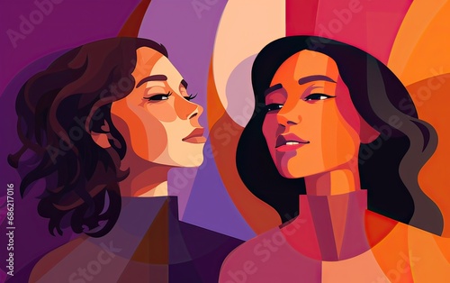 women's history month, illustration of two women of different ethnicity with purple colors.