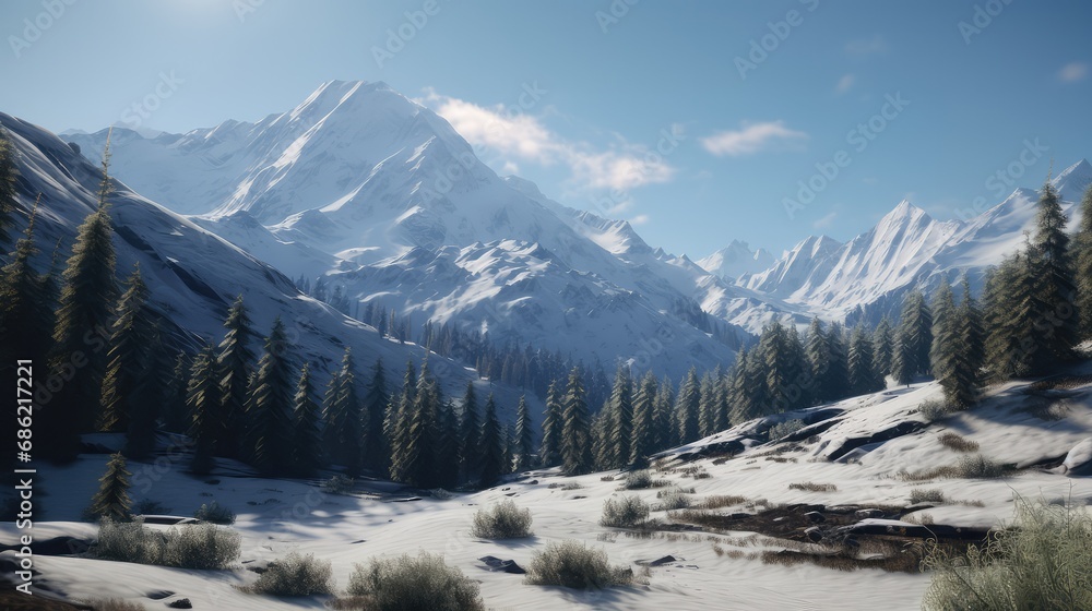 Snowy mountains with coniferous forest and blue sky in background