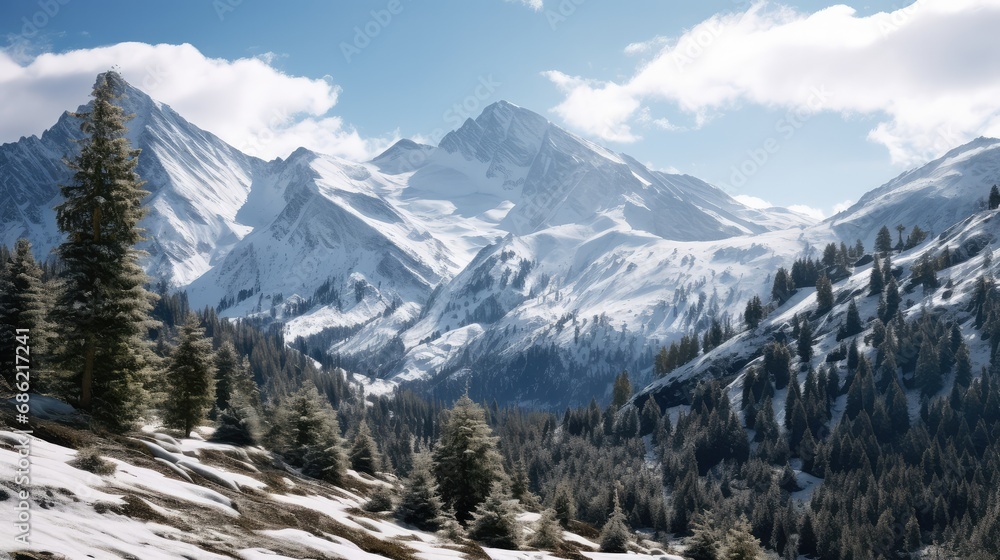 Panoramic view of snowy mountains and coniferous forest.