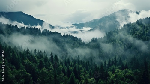 Foggy morning in the mountains. Mountain landscape with coniferous forest. © Faith Stock