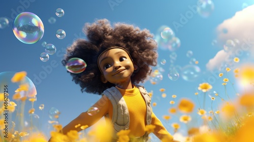 Little African American girl playing with soap bubbles. Cartoon style