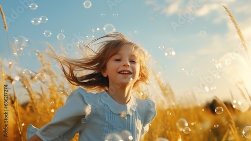 Cute little girl playing with soap bubbles in wheat field. Happy childhood