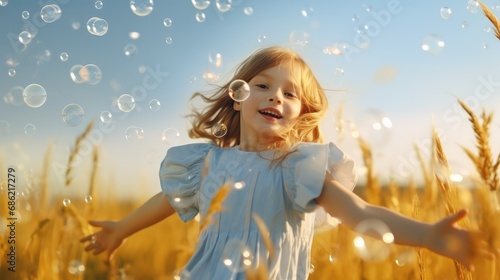 Cute little girl playing with soap bubbles in the wheat field.
