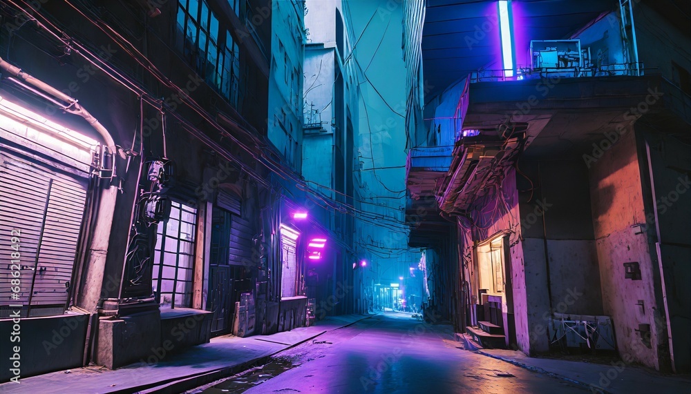dark street in cyberpunk city at night buildings with neon lights