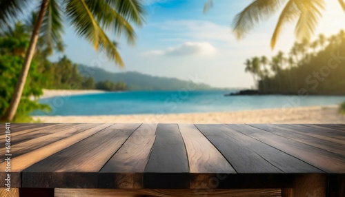 wooden black table top on blur tropical beach background can be used for display or montage your products high quality photo