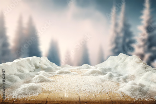 Wooden table cover of snow and frost. Empty space for your decoration. Christmas magic time and landscape of mountains. Natural light and rural view.  © magdal3na