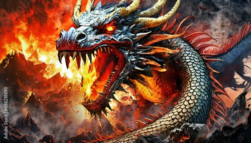 mad dragon destroying the world angry reptile with a growl giving a death stare chinese dragon causes chaos and devastation on a flame background fictional scary character with a grin photo