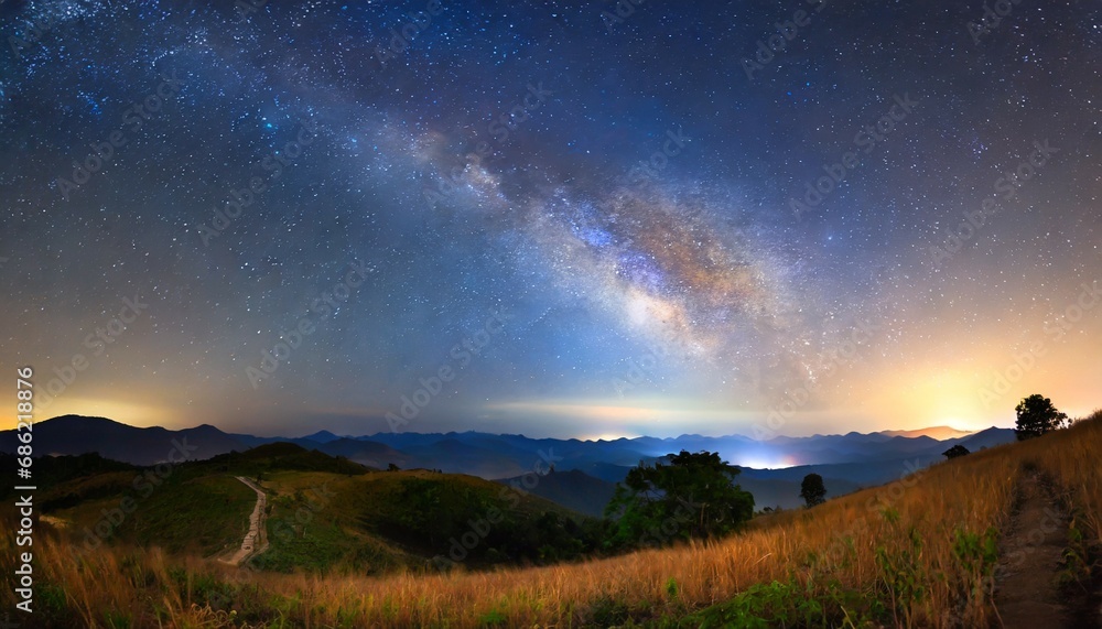 milky way night colorful landscape with stars starry sky with hills at summer space background with galaxy at mountains nature background with blue milky way universe
