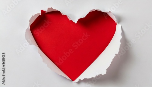 torn heart shaped hole in white paper top view red space for text