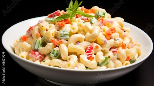 A classic side of macaroni salad with a creamy mayo-based dressing.