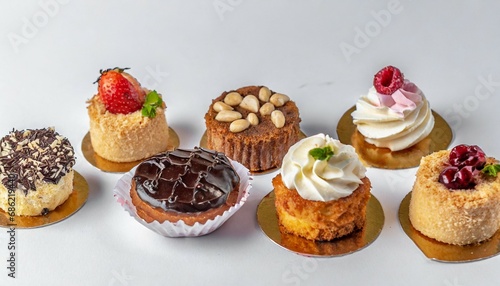 set of delicious cakes small sweet cakes on white background bakery products banner design