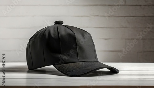 black cap on table against white background mockup for design