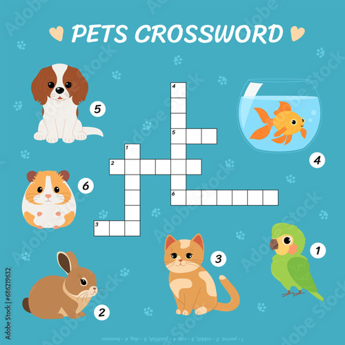 Pets crossword. Children's educational puzzle game with cat, dog, rabbit, hamster, parrot and goldfish. Printable worksheet for kids. Vector flat illustration