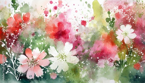 fondo de una pintura de acuarela con flores en tonos rosas rojos verdes y blancos sobre fondo blanco ilustracion de ia generativa