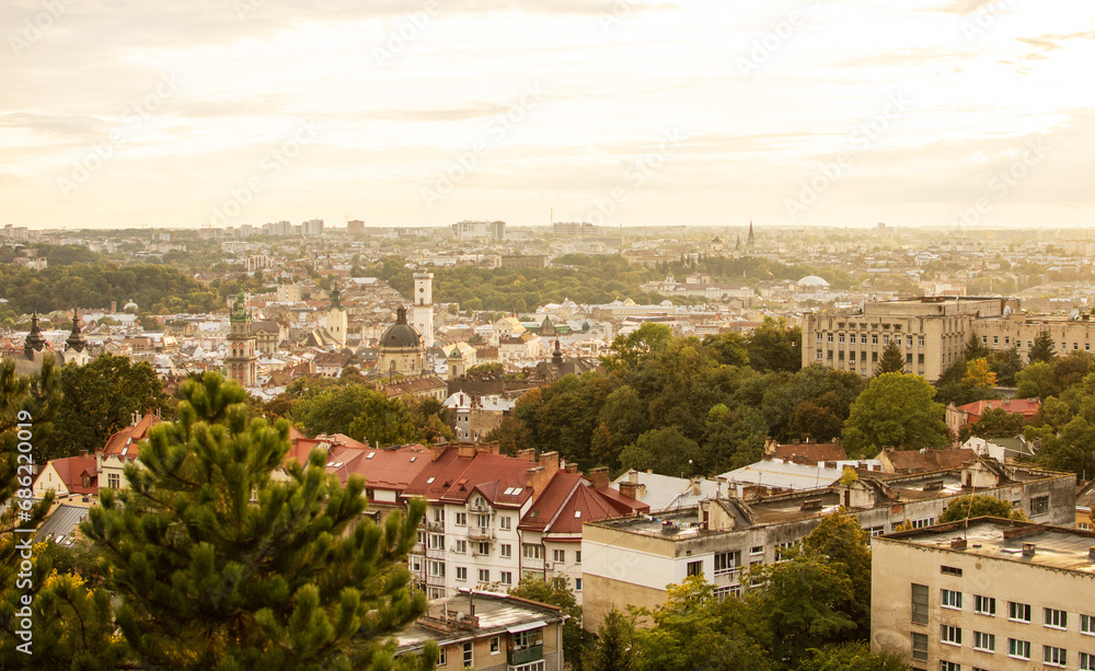 Panoramic aerial view of colourful houses in historical old district of Lviv, Ukraine on sunset