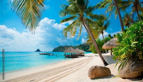 beautiful tropical beach at exotic island with palm trees photo