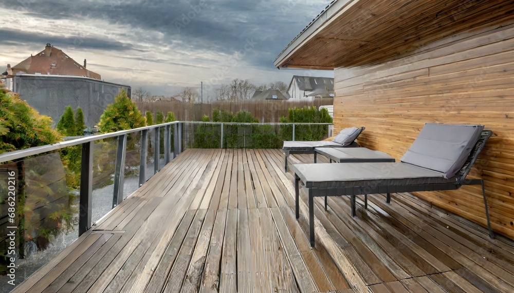 furnished outdoor terrace with wpc wood plastic composite decking boards created with generative ai technology