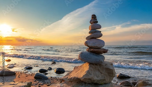 stones pyramid on the seashore at sunset