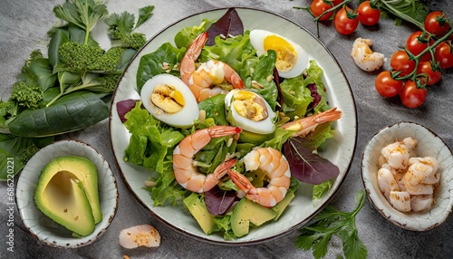 rich plates of salad from green leaves mix and vegetables with avocado or eggs chicken and shrimps on background