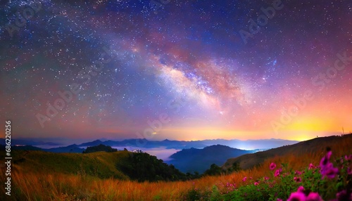 milky way and pink light at mountains night colorful landscape starry sky with hills at summer beautiful universe space background with galaxy travel background