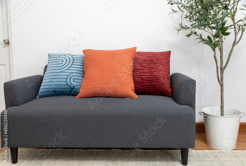 Scandinavian interior decoration of grey sofa with blue, red and orange pillow on it. Green plant pot on the side.