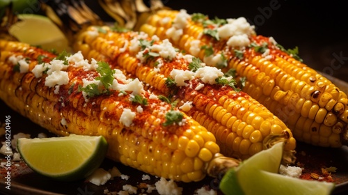 A close-up of a classic Mexican street corn on the cob with cotija cheese.