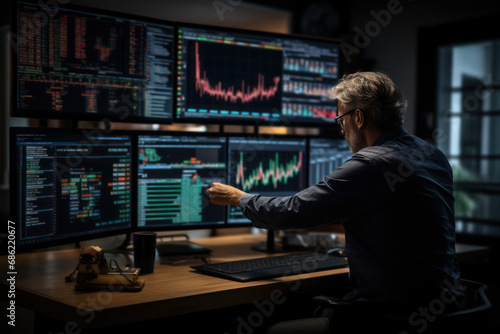 A focused analyst studying complex financial charts, deciphering trends and patterns to make informed investment recommendations. Concept of data-driven financial analysis. Generative Ai.
